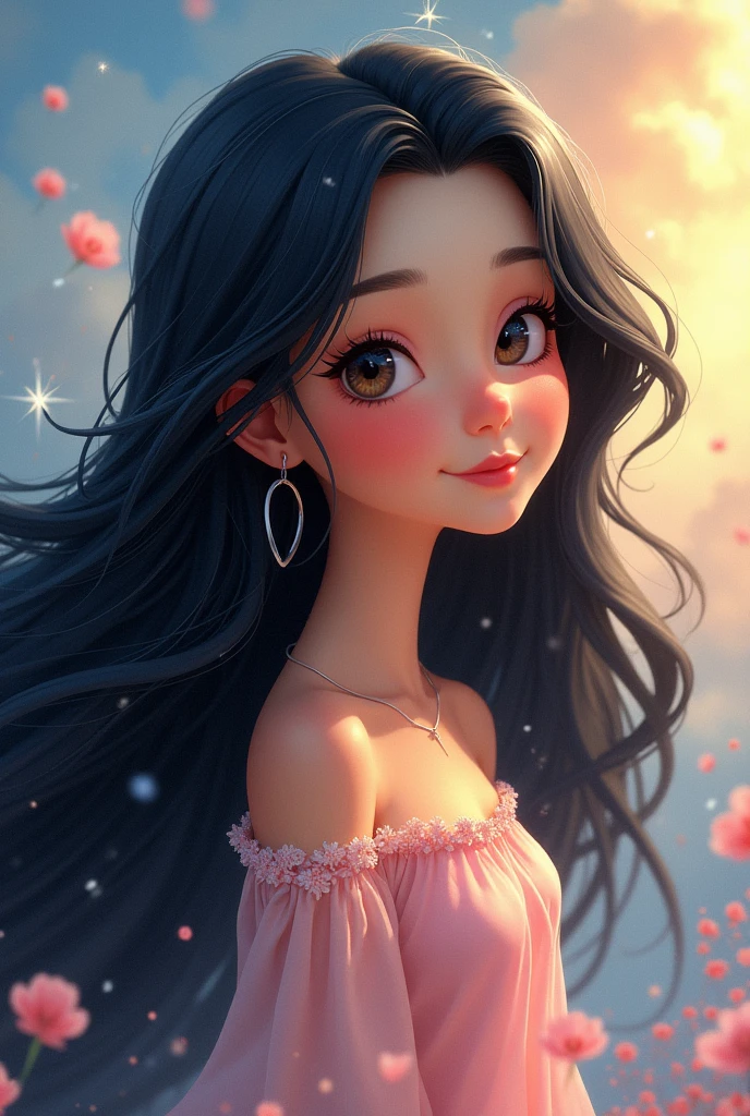 Beautiful Cartoon girl with long black hair