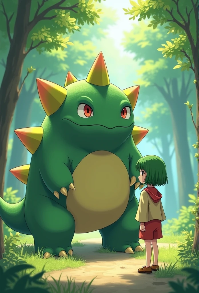 A Studio Ghibli style image featuring a young girl standing in front of a large, realistic Venusaur. The girl is designed in the style of a Ghibli character, with detailed, expressive features and a whimsical touch. She has short, green hair, wears a loose-fitting, beige shirt with a red collar, red shorts, and brown shoes. The background is a lush, enchanted forest with vibrant greenery and dappled sunlight filtering through the trees, creating a serene and magical atmosphere. The overall composition captures the essence of a mythical adventure in a tranquil, magical world, characteristic of Studio Ghibli's iconic style. --s 750 --niji 6