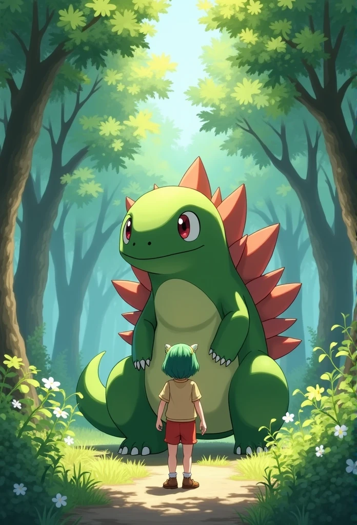 A Studio Ghibli style image featuring a young girl standing in front of a large, realistic Venusaur. The girl is designed in the style of a Ghibli character, with detailed, expressive features and a whimsical touch. She has short, green hair, wears a loose-fitting, beige shirt with a red collar, red shorts, and brown shoes. The background is a lush, enchanted forest with vibrant greenery and dappled sunlight filtering through the trees, creating a serene and magical atmosphere. The overall composition captures the essence of a mythical adventure in a tranquil, magical world, characteristic of Studio Ghibli's iconic style. --s 750 --niji 6