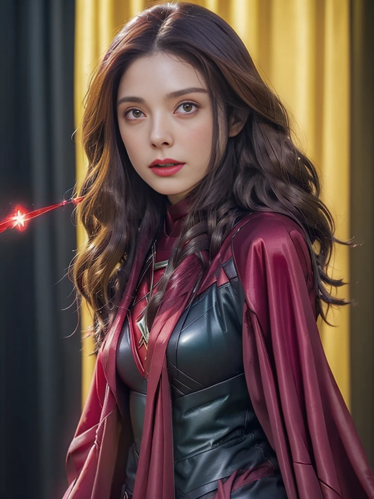 8k, dark_Fantasy, (Scarlet Witch, yellow: 1.5), Angel face, 1 person, Standing full-body portrait, Wonders of the machine, Robotic presence