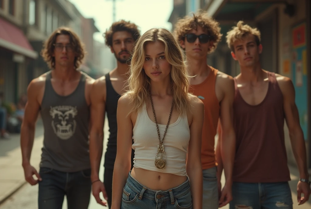 A movie-like photo of a teenage girl in skater fashion and her male and female friends. Everyone is wearing a tank top. 