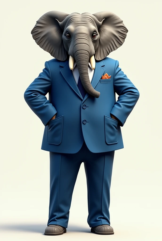 Create a realistic image of a relaxed elephant standing upright, wearing a stylish blue suit. The elephant should have a laid-back expression, with one tusk slightly visible and a confident, cool demeanor. The suit should be modern and well-fitted, possibly with an open collar or no tie to emphasize the casual vibe. The background should be simple, highlighting the elephant's cool and composed attitude