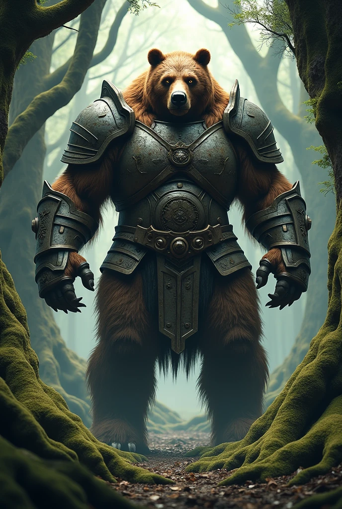 (Detailed) 1 bear, humanoid, in forest, heavy armour, scarred