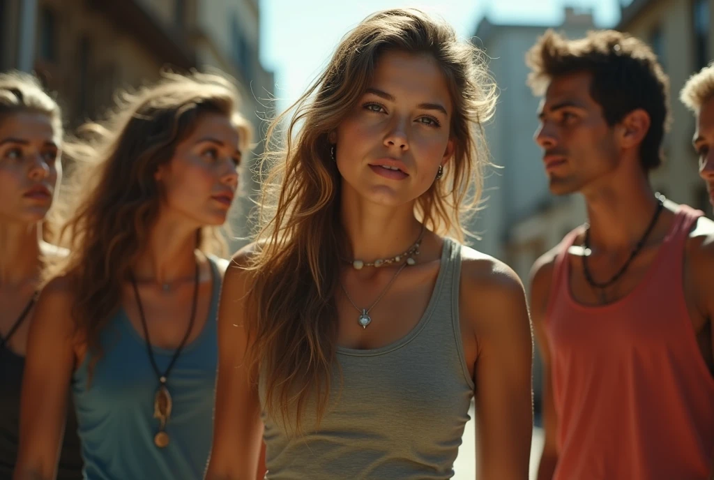 A movie-like photo of a  girl in skater fashion and her male and female friends. Everyone is wearing a tank top. 