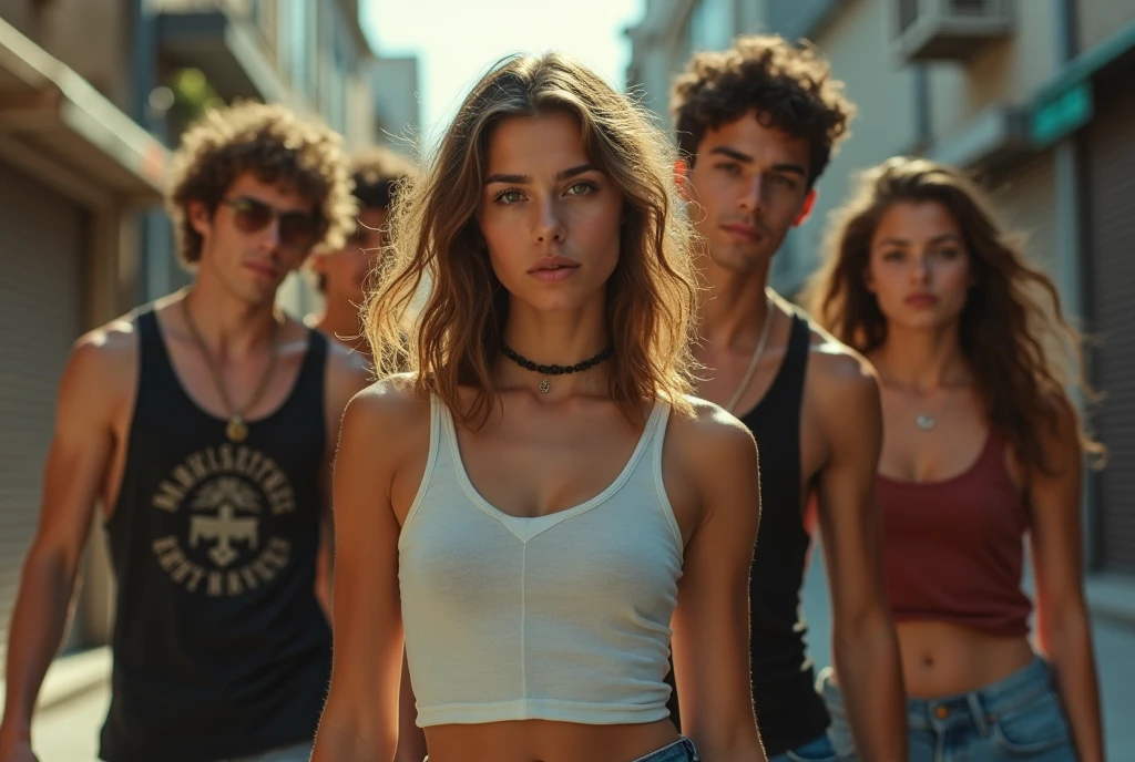 A movie-like photo of a teenage girl in skater fashion and her male and female friends. Everyone is wearing a tank top. 