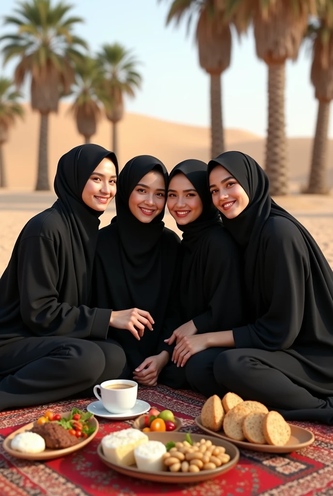 (photorealism:1.2), professional portrait, four asian women wearing black hijab, sitting on a mat made of carpet, lots of food and coffee visible, taking a selfie together, desert background, date palms, afternoon