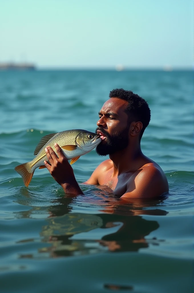 A man floating in sea and eating fish realistic photo