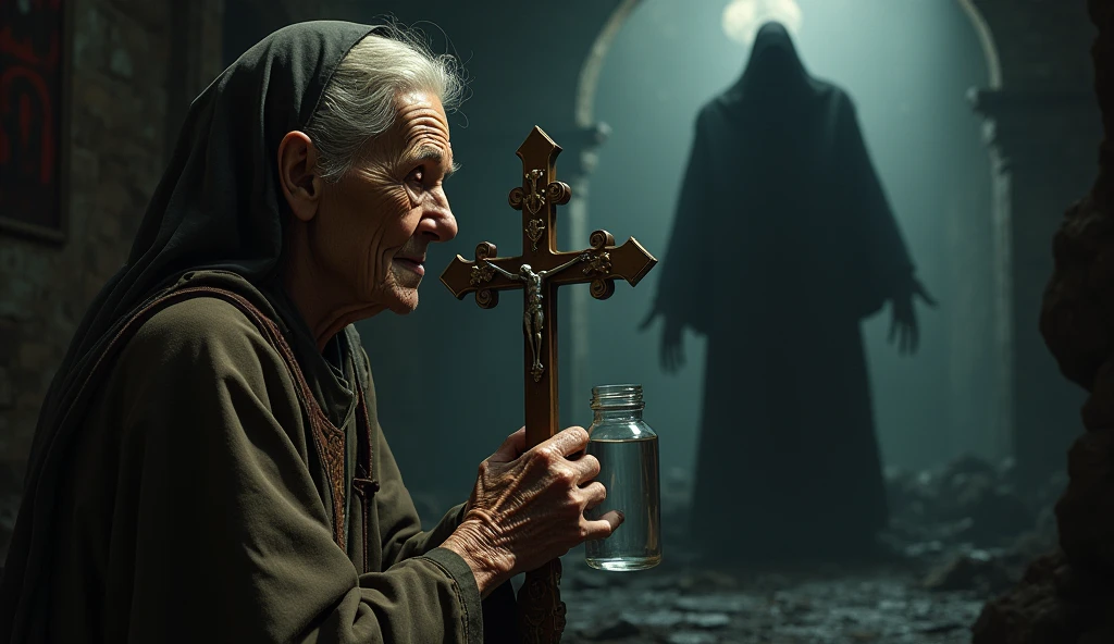A very old lady dressed as a healer holds a bottle of holy water in one hand and a crucifix in the other hand., in the face of a sinister presence that lurks
