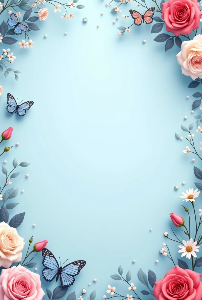 A sky blue 15th birthday invitation with butterflies and roses