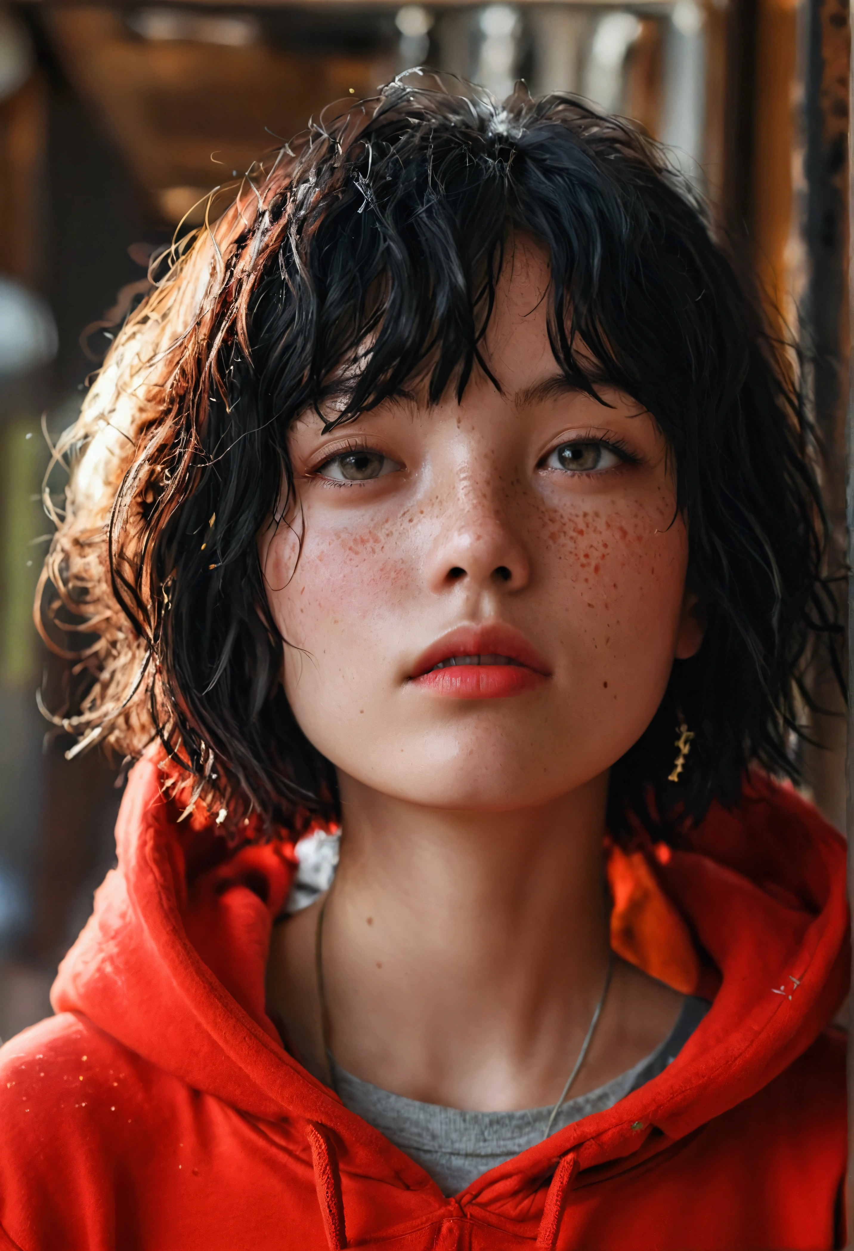 Wearing a red hoodie、A girl with short, messy bob hair、Black Hair、Freckles、