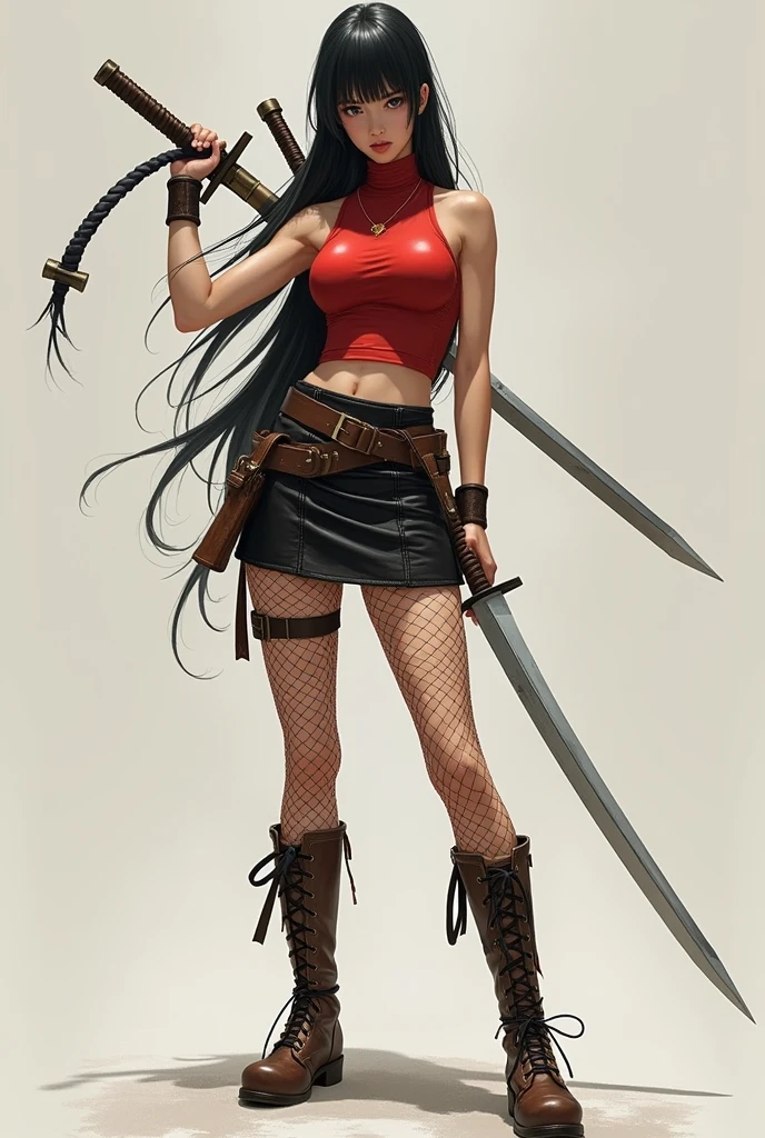 semi-style illustration, a female character with long black hair without bangs, straight hair without curls, pale skin and steely black eyes, exuding a calm, dynamic posture, one leg bent while holding a long sword across her body, wearing a rather thin red high-necked tank top that reaches her waist, a very short black leather skirt, fishnet stockings and high-top brown boots.