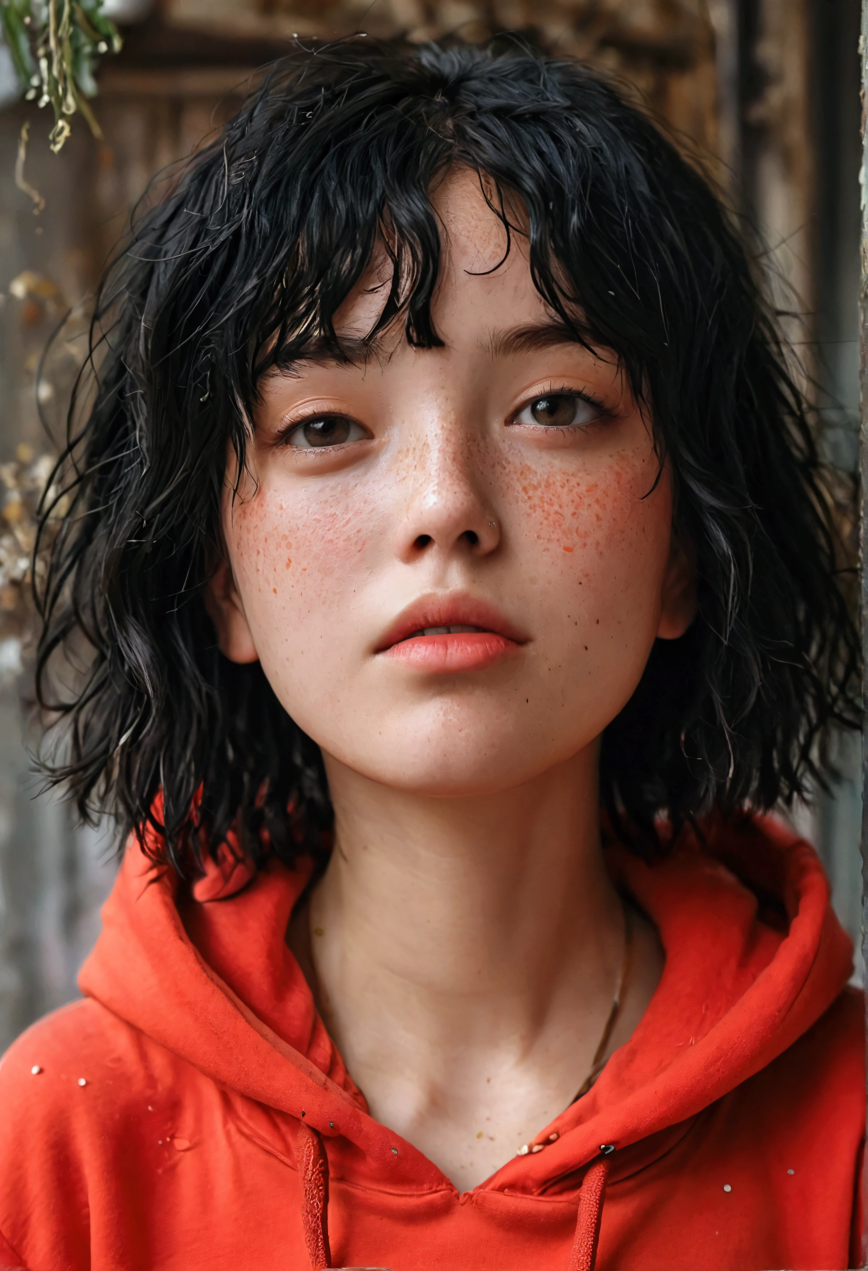 Wearing a red hoodie、A girl with short, messy bob hair、Black Hair、Freckles、