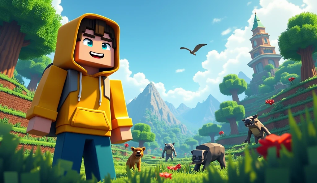Youtube Thumbnail (Make A Minecraft Character Wearing Yellow Hoodie Showcasing A Beautiful World With Text (Survival Series #1) Also Add Animals And Zomies Make It More Beautiful And Send in 16:9
