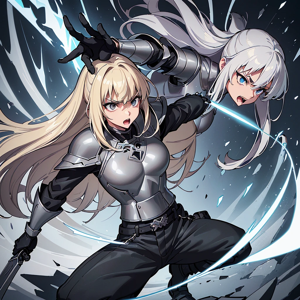 ((((Solo))))、Best illustrations、Best Quality、(Full body character concept、Character Design)、(((Grey Armor、Black trousers、Black gloves))、(woman、1)、(Blonde、Long Hair)、(Get Ready、sword、kill、Deathblow)、(get annoyed、Open your mouth)、(Particles of light, White Aura, ice、The magic of light)、Dramatic Angle、(front)、dynamic