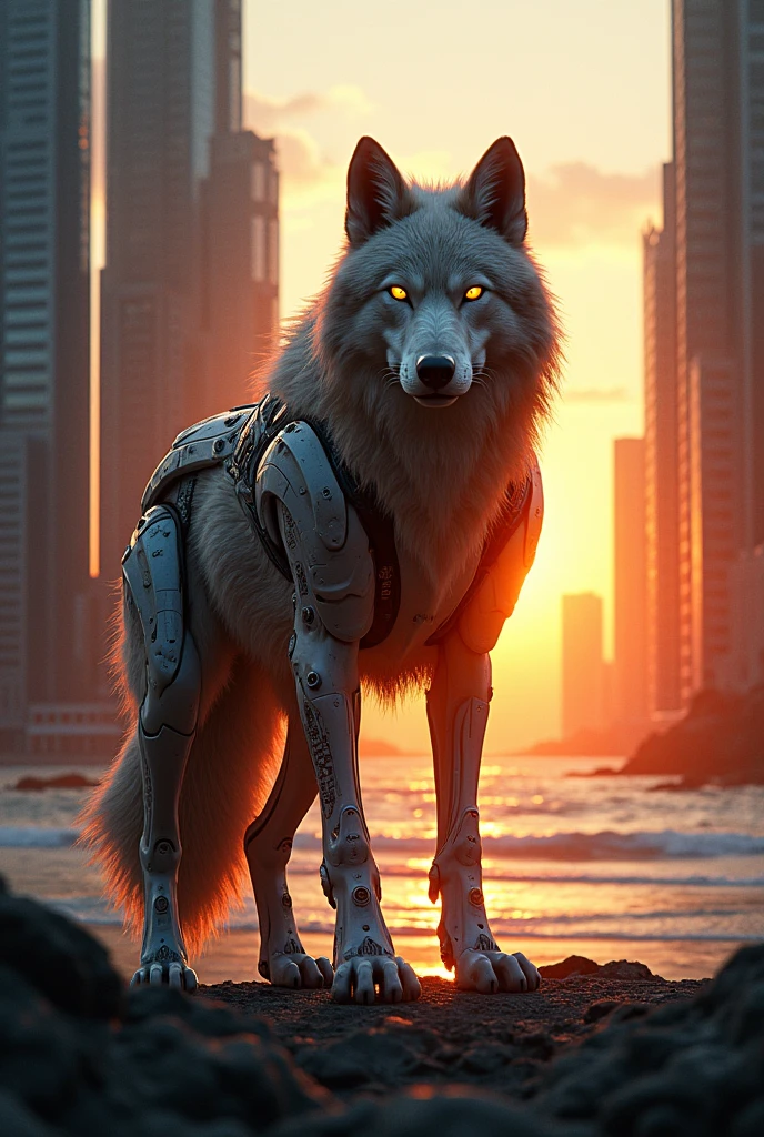 A cyborg costume wolf standing between the sky scrappers and see sunset at beach