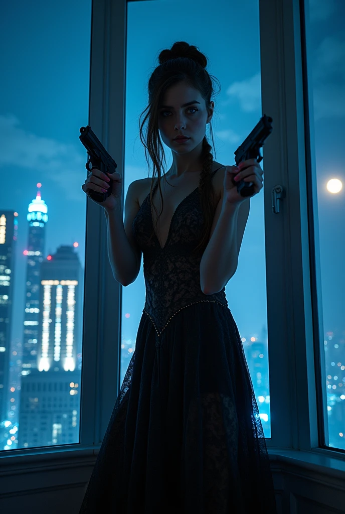 a portrait photo of a single woman , a beautiful and exotic , dynamic hair, Braided hair, full body shop, intense blue eyes, ultra detailed face, exhausting (intricate night dress: 1.5), ELEGANT DRESS, dynamic color, dynamic style, exhausting elegant stiletto heels , behind a window in a tall building at night, aiming a Light, 2 guns in the hand, cyberpunk city background, It&#39;s night, moon rays, some clouds,  (full body shot: 1.1) , Vibrant, ultra high resolution, high contrast, (masterpiece:1.5), of the highest quality, better aesthetics), Better details, Best Quality, High resolution, ultra wide angle, 16k, [ultra detailed], masterpiece, Best Quality, (extremely detailed) pistols, night dress