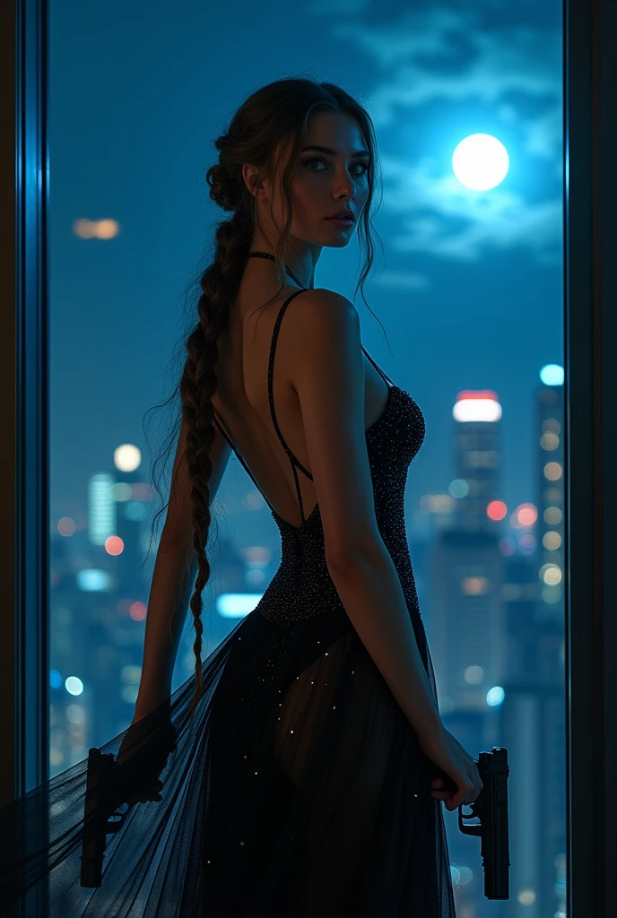 a portrait photo of a single woman , a beautiful and exotic , dynamic hair, Braided hair, full body shop, intense blue eyes, ultra detailed face, exhausting (intricate night dress: 1.5), ELEGANT DRESS, dynamic color, dynamic style, exhausting elegant stiletto heels , behind a window in a tall building at night, aiming a Light, 2 guns in the hand, cyberpunk city background, It&#39;s night, moon rays, some clouds,  (full body shot: 1.1) , Vibrant, ultra high resolution, high contrast, (masterpiece:1.5), of the highest quality, better aesthetics), Better details, Best Quality, High resolution, ultra wide angle, 16k, [ultra detailed], masterpiece, Best Quality, (extremely detailed) pistols, night dress