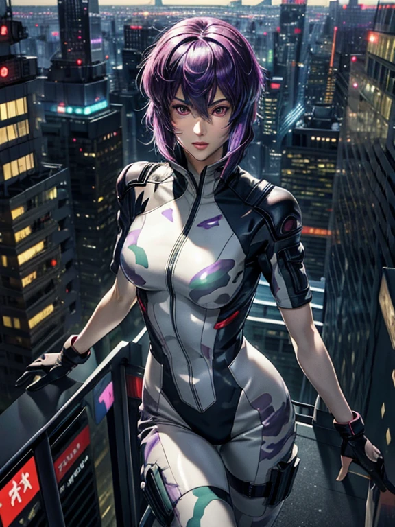 Ghost in the Shell, Motoko Kusanagi, Purple short bob cut, Hair between the eyes, Slightly asymmetrical bangs, ((Optical Camouflage Suit, Optical camouflage suit from the neck down)), Jump up into the sky, view From above, The background is Tokyo's buildings at night, Reflective and shiny, ((Night Scenery)), Lots of window lights, Glitching, glitch, ((masterpiece, best quality, high resolution)) 