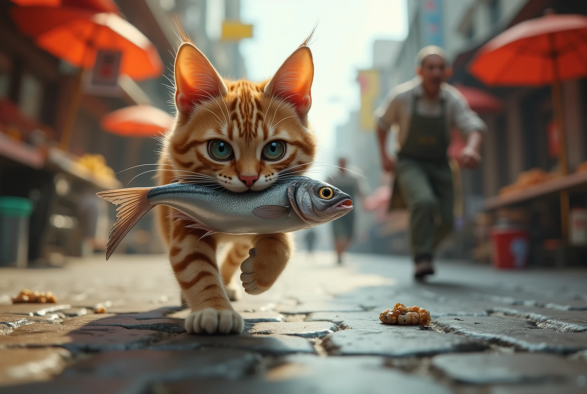 realistic style, photo, photorealistic, high detail, (sharp), (photorealism:1.2), (photo:1.2) of a mischievous spotted cat is running away after stealing a fish from a busy fish market. The cat has a fish in its mouth and is darting through the streets, motion trails and wind effect. Behind it, a furious fishmonger is chasing the cat, yelling in frustration. The scene is lively, with the fishmonger’s apron flapping and the cat’s fur slightly ruffled as it escapes. [Un gatto a macchie birichino sta scappando dopo aver rubato un pesce in una pescheria affollata. Il gatto ha un pesce in bocca e sta sfrecciando per le strade. Si vede la scia lasciata dalla velocità del gatto in fuga. Dietro di lui, un pescivendolo furioso lo insegue, urlando con frustrazione. La scena è vivace, con il grembiule del pescivendolo che svolazza e il pelo del gatto leggermente arruffato mentre fugge.] immagine dinamica con inquadratura dal basso e inclinata, per dare un asenso di dinamicità alla foto. Il gatto trascina il pesce tenendo la coda del pesce in bocca.