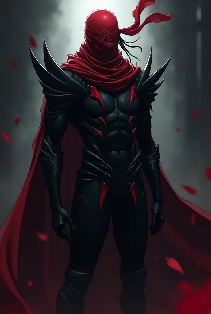 A anime villian, with dark black armor, a slim body with little musle and a red bandana.