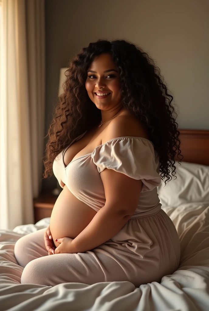 (photorealism:1.2), beautiful woman, sitting on bed, wearing loose off-shoulder top, pajama pants, long curly hair, Large belly, Huge belly, Huge butt, grinning.