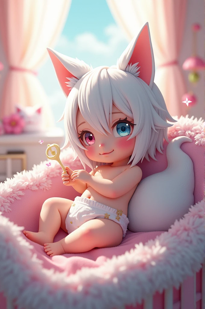 Anime. White hair with rainbow colored tips. Female. . Baby. White fox ears. White fox tail. Heterochromia. Left eye light blue. Right eye pale pink. In diapers. Cute. Dreamy. Nude. Nursery landscape. In a crib. Princess. NSFW. Dildo