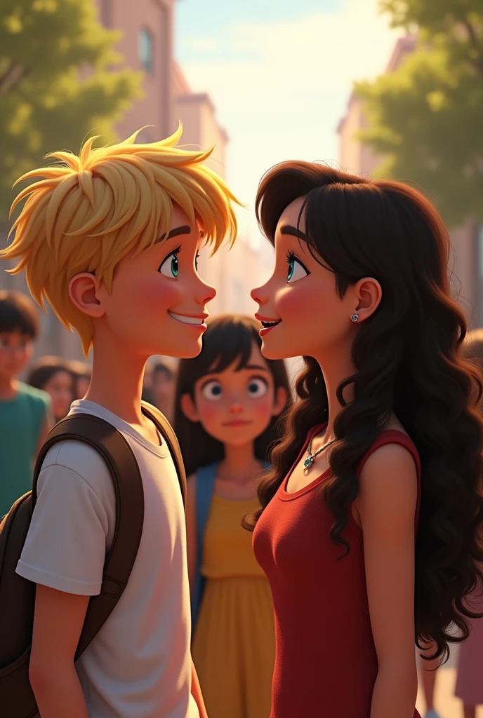 A photo where a blond boy with turquoise eyes and a brunette girl, beautiful curly hair, mixed white skin and blue eyes are talking to each other and behind a girl with brown eyes Black hair with bangs looks at them crying in au milieu d'une foule at university version pixar 2d. La fille au cheveux curly is flou. The girl who crying is not flou like the blond boy