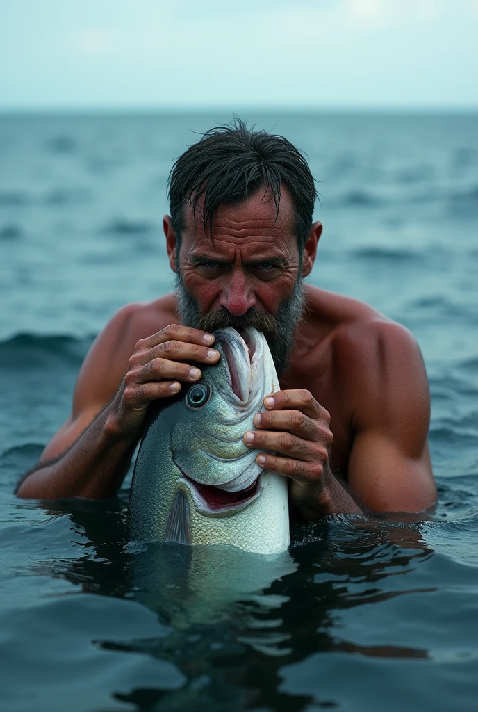 A man floating in sea and eating large fish realistic photo