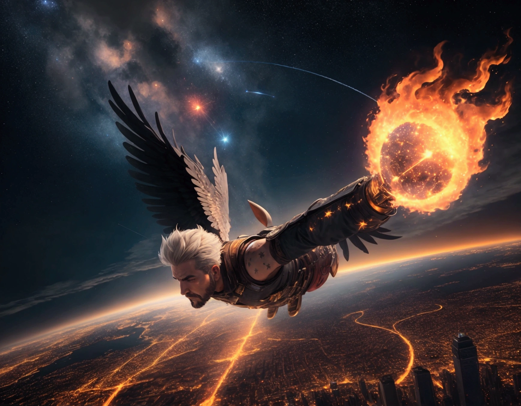A big city, a man flying leaving a trail of fire with the sky full of stars