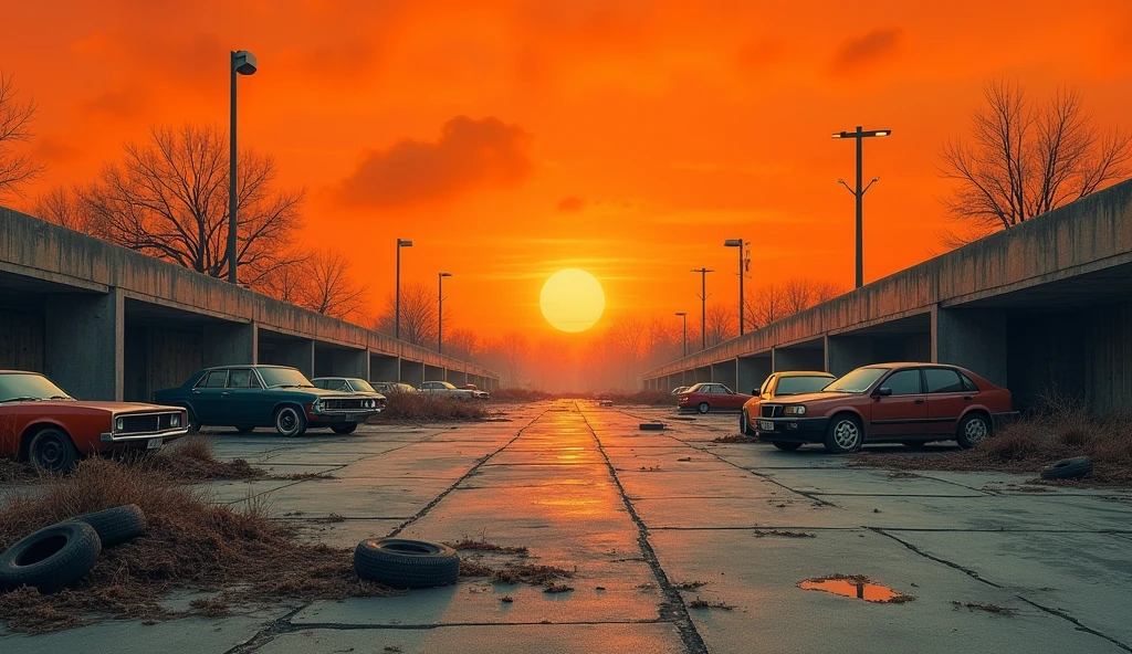 orange background, post-apocalypse ruined parking lot, maximum realism