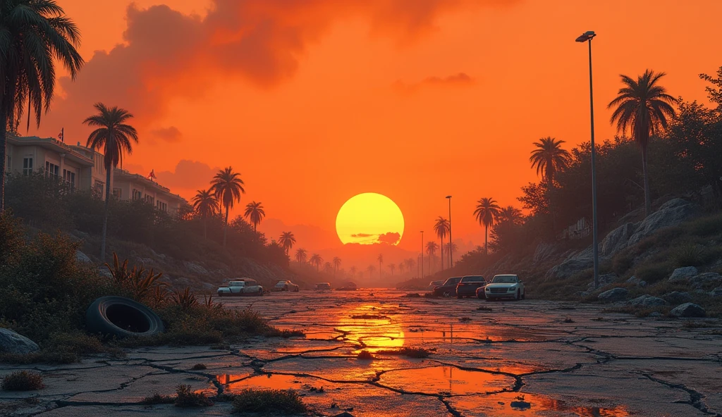 orange background, post-apocalypse ruined parking lot, maximum realism