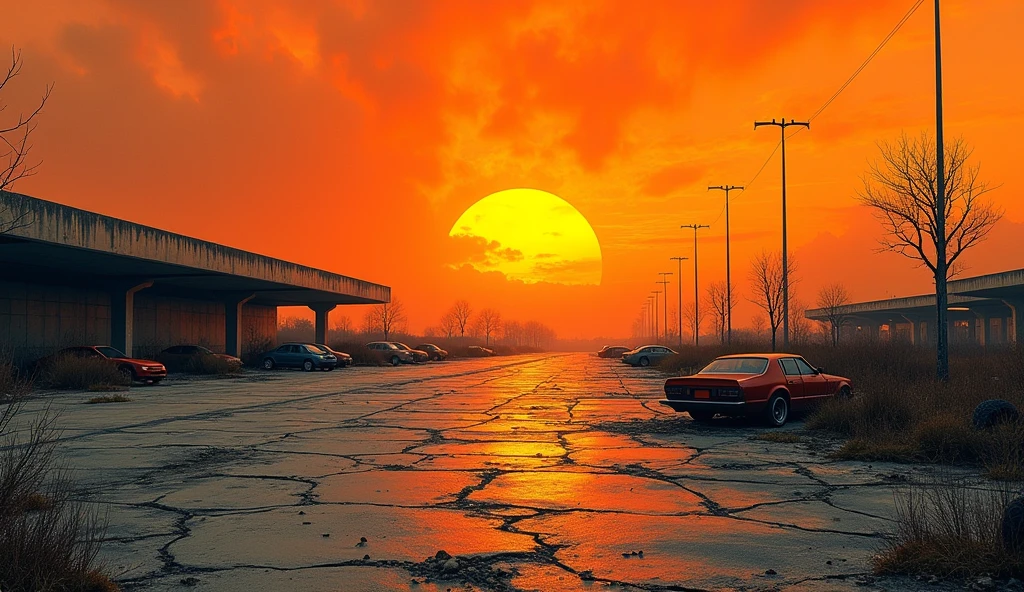 orange background, post-apocalypse ruined parking lot, maximum realism