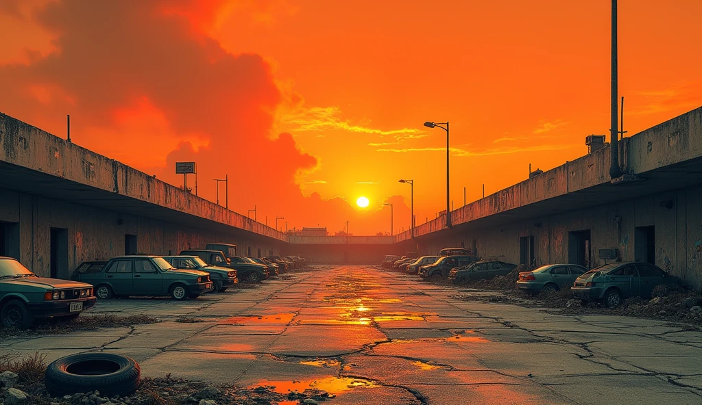 orange background, post-apocalypse ruined parking lot, maximum realism 
