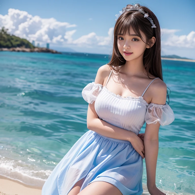 laughing out loud,on the beach,Wear a sweet dress,Blue and white dress,Puff sleeves,Princess puff sleeves,Short sleeve,One-piece hem A-line skirt,(There is a layer of transparent mesh outside the skirt), Fluffy and lightweight dress,(The dress is made of mesh), There are pink ribbon bows on both sides of the collarbone.,A-line skirt with large hem,1 female, On the face, light brown hair, blunt bangs, hair behind ears, Shoulder-length hair, long hair, Slender body type, 超face slimming型, face slimming, delicate lips, beautiful eyes, Thin blush, Eyes are light brown,View here, (actual:1.3), One person's perspective, 8k, Super detailed, high quality, best quality, High resolution,2,above knee shot,Breast protrusion,Full breasts