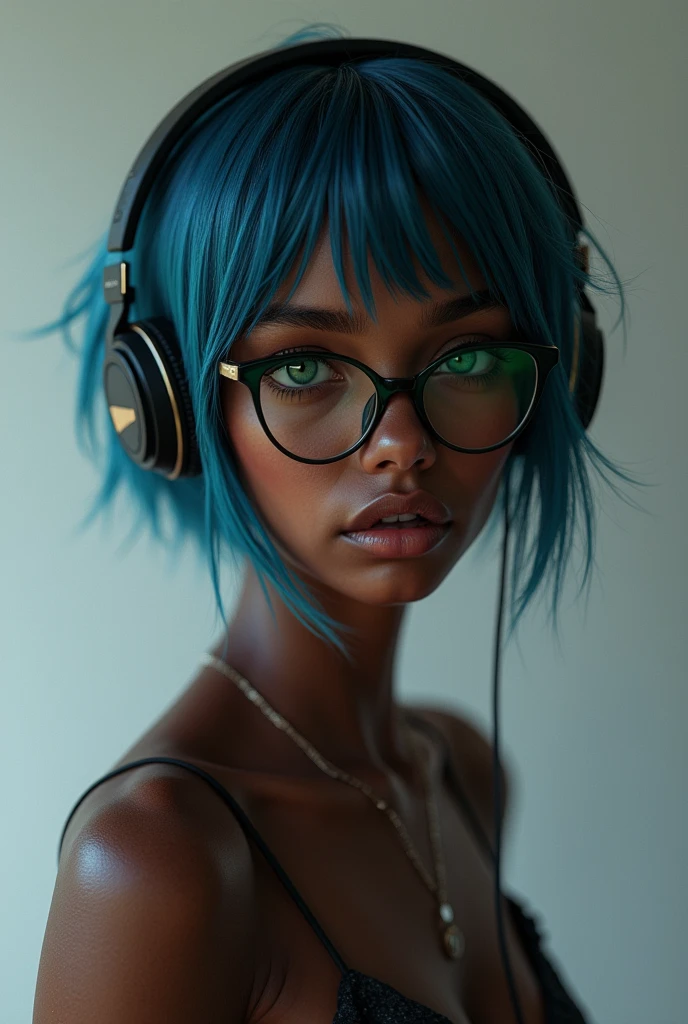 Photo realistic
Slim and slender 1 girl with really dark skin
Realistc
with green eyes, short blue to black hair
Wearing glasses
With headphones