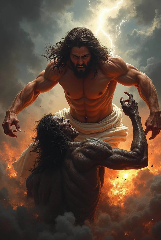 Generate a T-shirt design, muscular jesus destroying satan