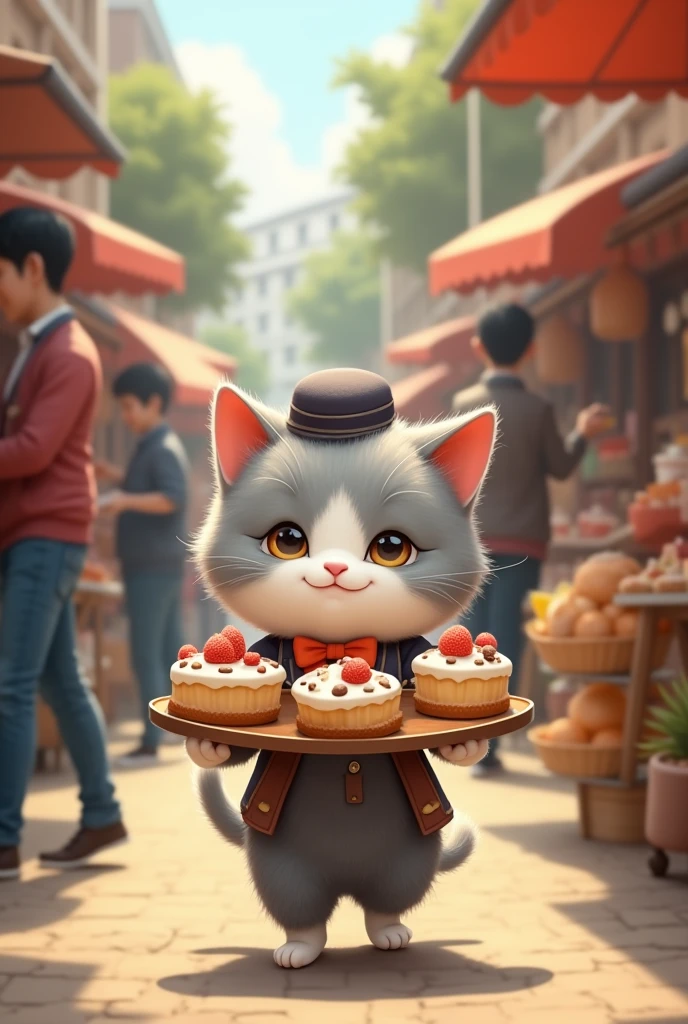 the  grey white little cat in clothes people receiveing the cakes in tray  in the market.