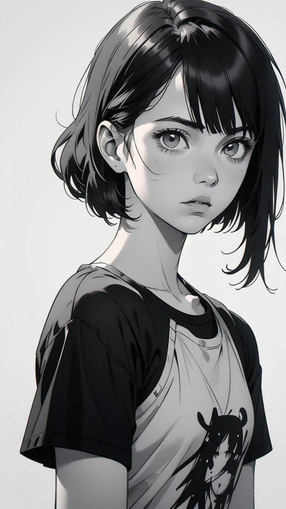 1 boyish girl, solo, sharp eyes, expressionless, monochrome, greyscale, short black hair, portrait, white T-shirt, closed mouth, looking at viewer, graphite \(medium\), detailed lips, hatching \(texture\), without makeup, bangs, upper body, (best illustration), (best quality), (very detailed), (masterpiece), expressionless,