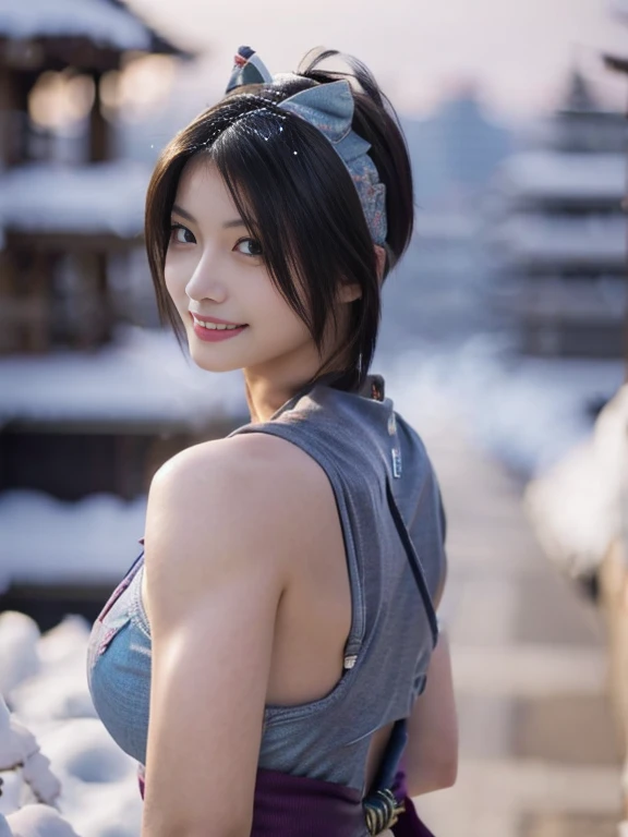 20 year old Japanese beauty，One woman、Muscular body like a bodybuilder、Emphasize the breasts、He wears a headband on his head、Slit eyes、A head-to-toe view，Bust is very very large、The background is a snowy country、High quality photos、Clear, crisp images of the lower body、Masterpiece 8k、Smiling、Is doing a high kick、From the front, from the side, from the back, etc.々from what camera angle to shoot、Light blue ninja costume