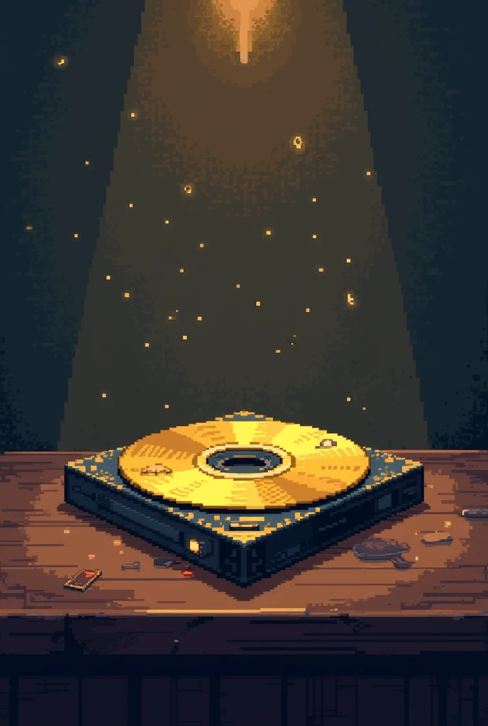 Pixel ART style, you can draw a gold CD in a thin black case like the devil with a little wear on top of a simple table