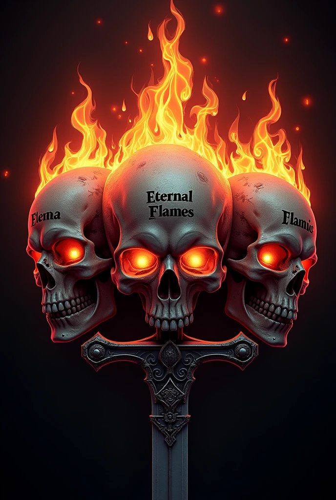 a logo icon of three skulls with eternal flames of passion with sword of dignity in seven deadly sins with word in there forehead saying eternal flames using typewriters font and flames animation
