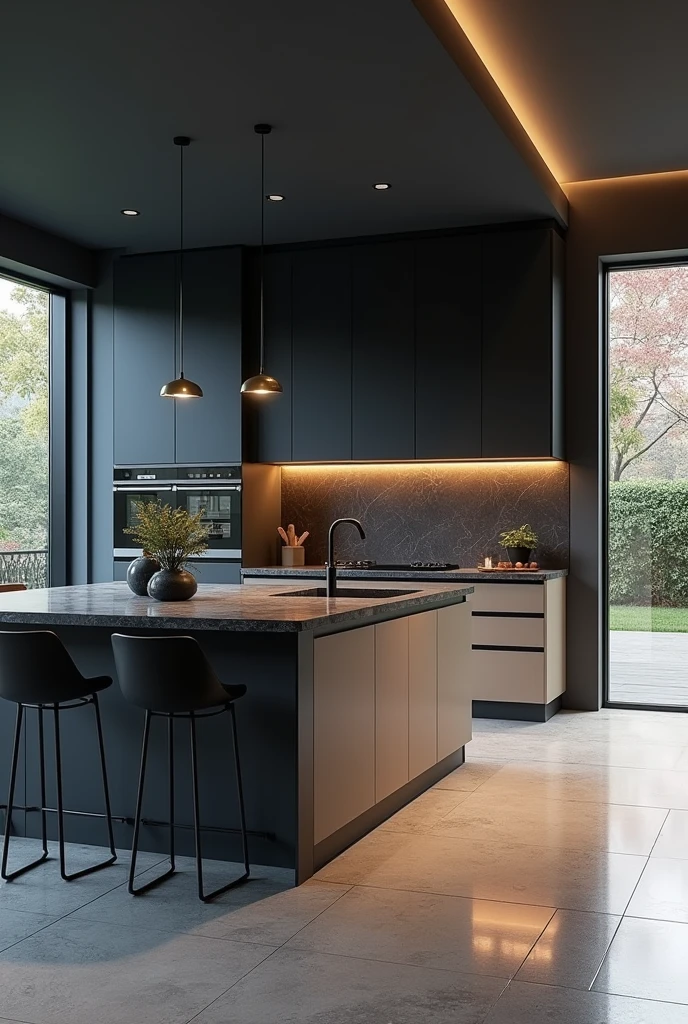 Professional 3d architecture rendering design of modern and minimal kitchen with so dark vintage blue and dark beige cabinets and modern windows and so dark gray marble slab stone island and black modern dark silver chairs and modern ceiling lighting and