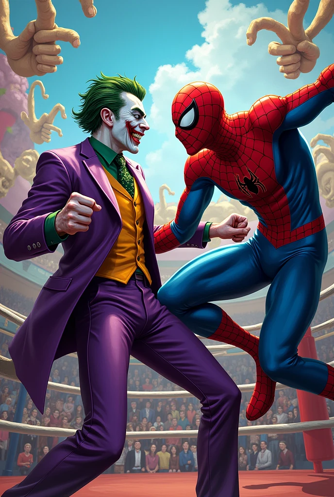 Joker punching spiderman at boxing land