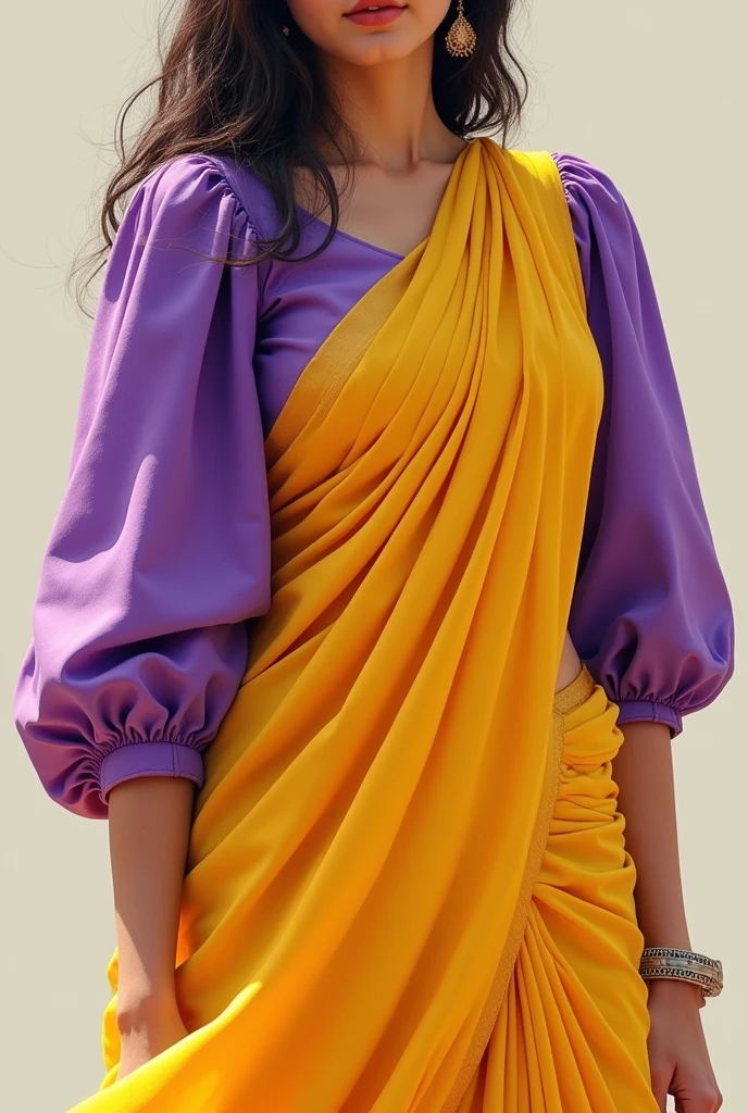 So I want to create a picture of mine in a bright yellow saree with a purple balloon sleeves blouse 