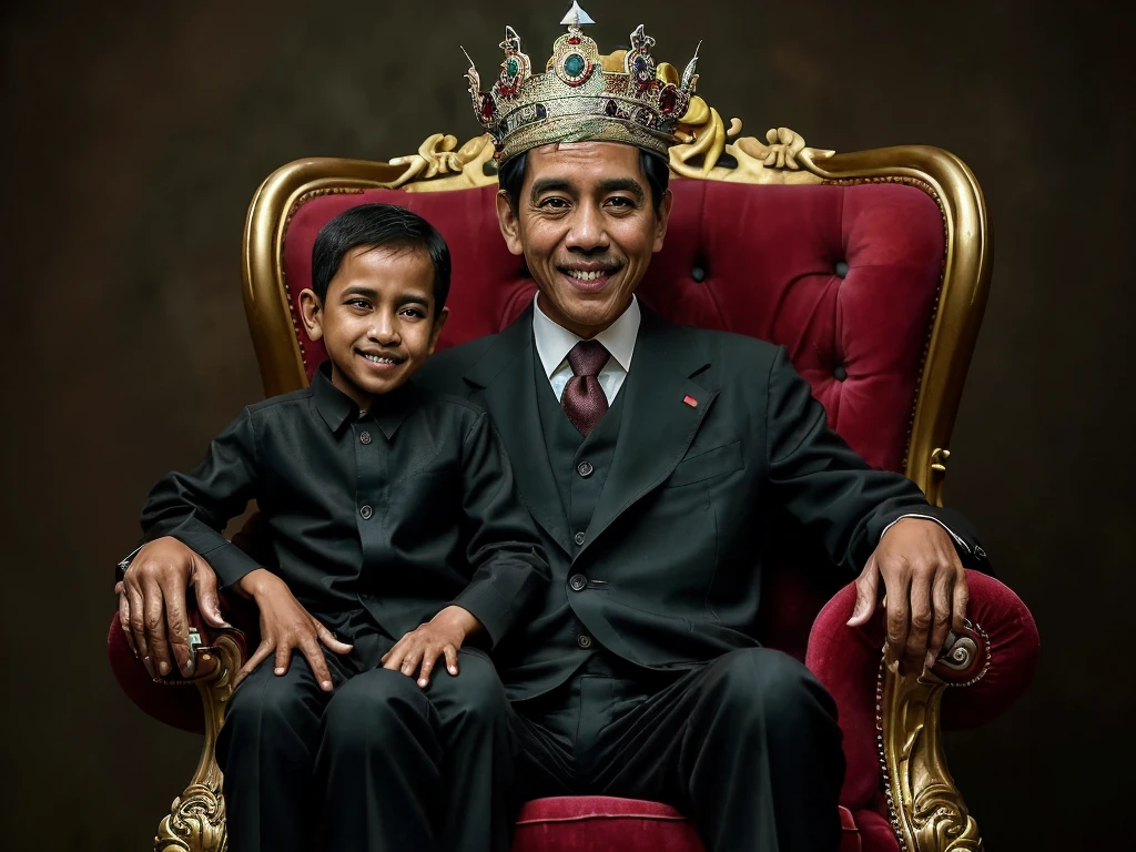 extreme realistic photograph of Jokowi Widodo (indonesia president) wearing a crown and sitting on a throne, jokowi is an old man with skinny body, with an evil smile, wearing black suit, with his son on his lap