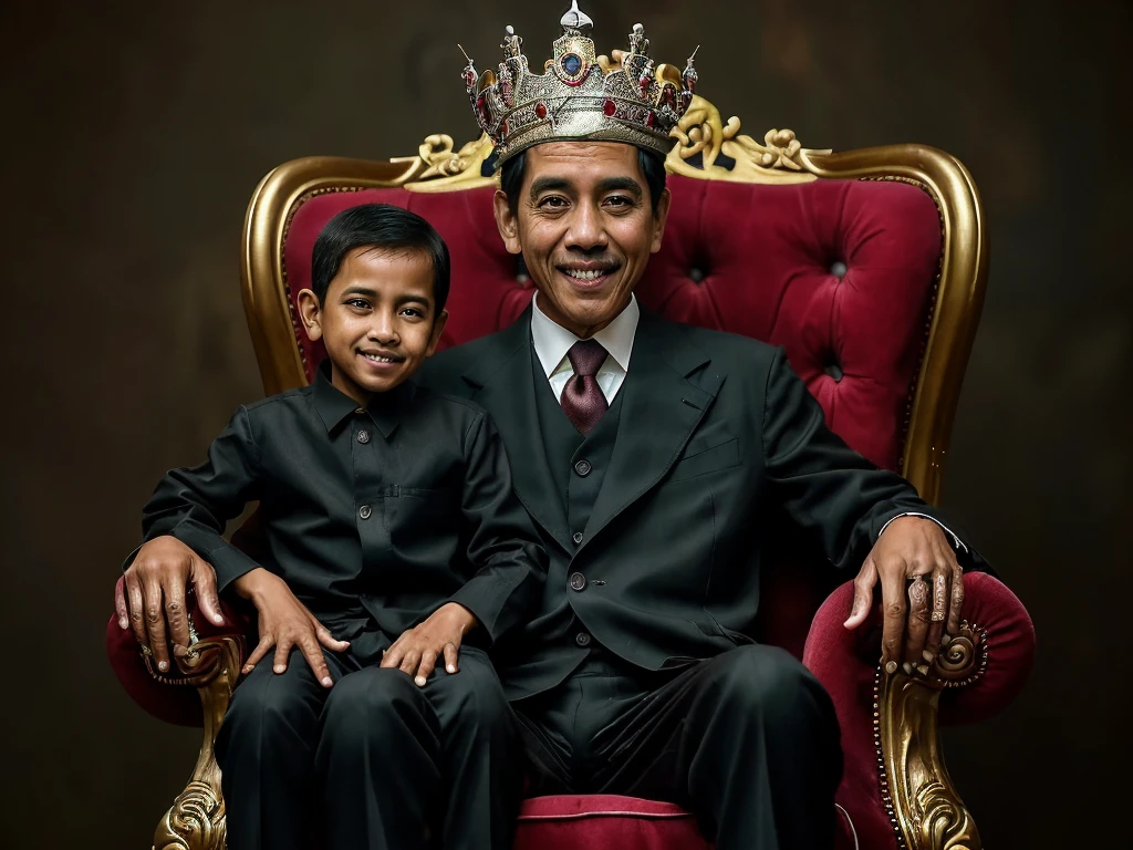 extreme realistic photograph of Jokowi Widodo (indonesia president) wearing a crown and sitting on a throne, jokowi is an old man with skinny body, with an evil smile, wearing black suit, with his son on his lap