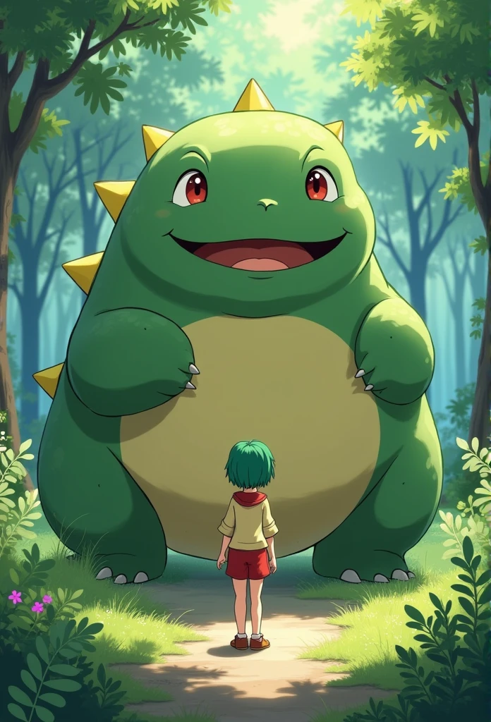 A Studio Ghibli style image featuring a young girl standing in front of a large, realistic Venusaur. The girl is designed in the style of a Ghibli character, with detailed, expressive features and a whimsical touch. She has short, green hair, wears a loose-fitting, beige shirt with a red collar, red shorts, and brown shoes. The background is a lush, enchanted forest with vibrant greenery and dappled sunlight filtering through the trees, creating a serene and magical atmosphere. The overall composition captures the essence of a mythical adventure in a tranquil, magical world, characteristic of Studio Ghibli's iconic style. --s 750 --niji 6