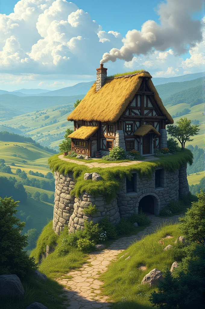 T h a t c h e d farmhouse s t o o d at the v e r g e of a small plateau over looking away