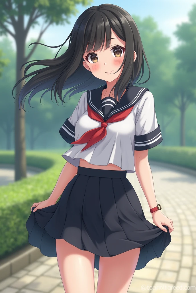 beauty　ponytail　Black Hair　smile　Embarrassing　blush　tits　Black Sailor Suit　Pure white underwear　pubic hair　The wind blows up my skirt　Photograph the whole body