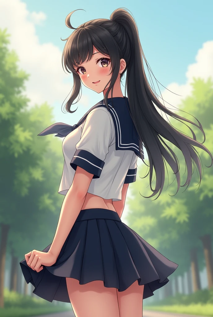 beauty ponytail Black Hair smile Embarrassing blush tits Black Sailor Suit Pure white underwear pubic hair The wind blows up my skirt Photograph the whole body